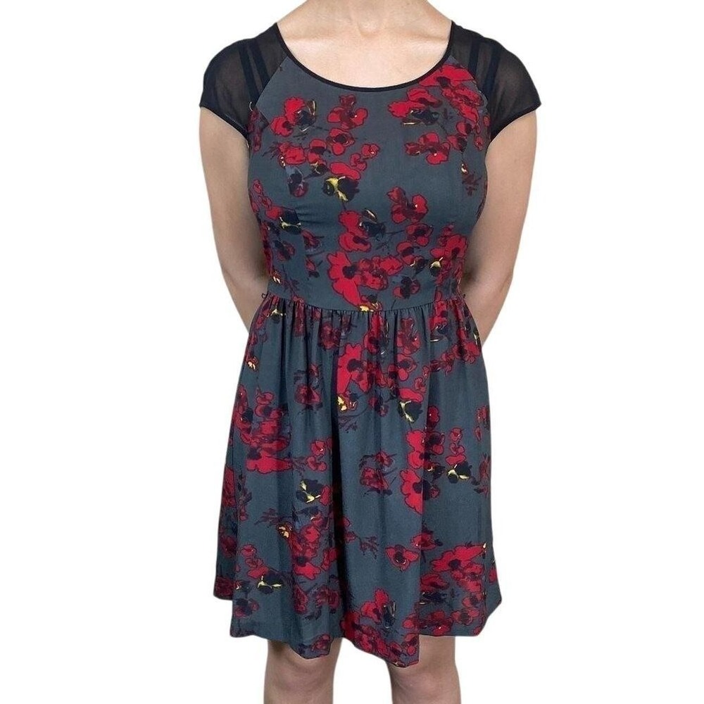 Kensie Floral Poppy Fit and‎ Flare Dress Grey Red Mesh Cap Sleeve Small